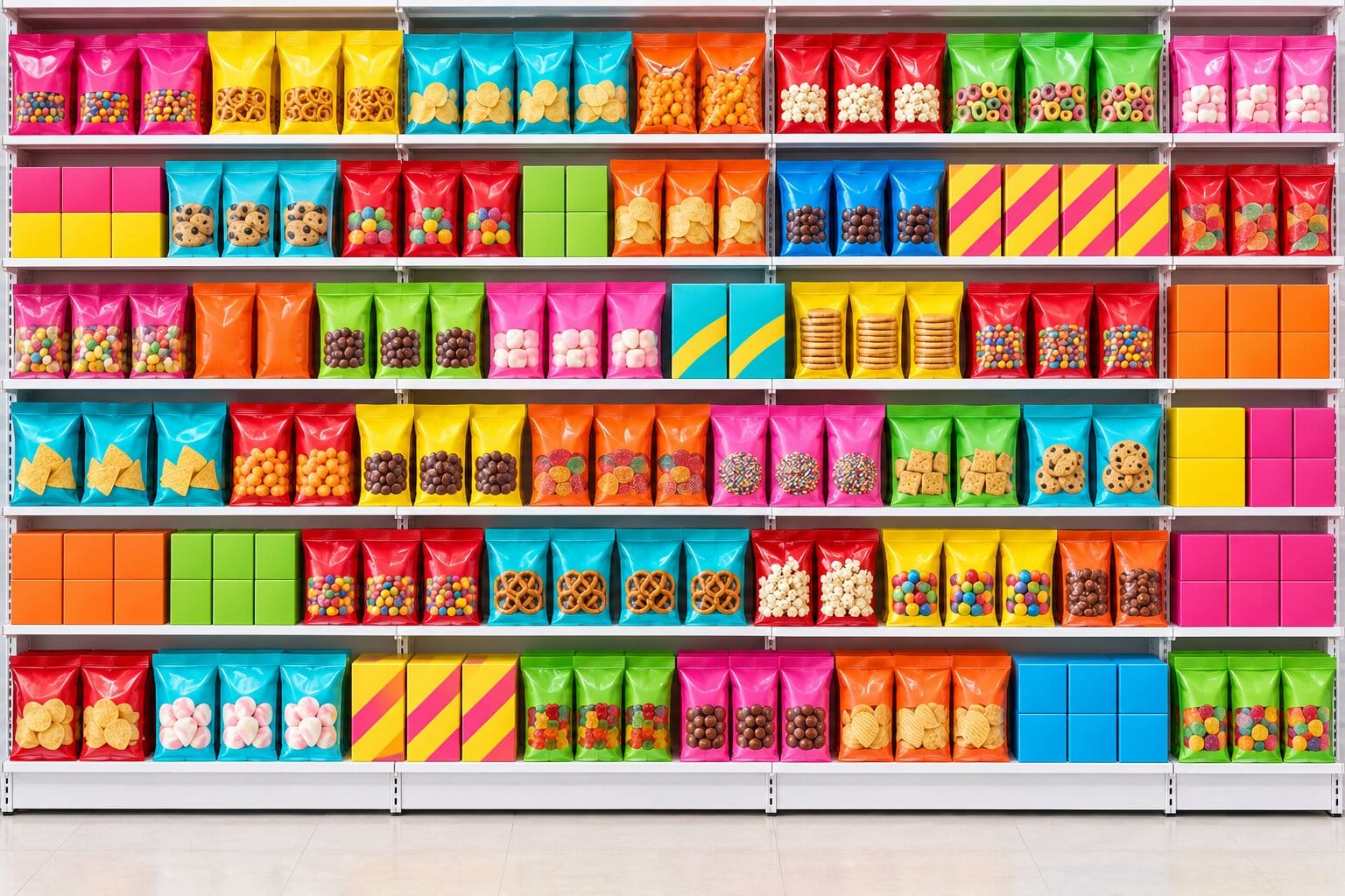Convenience store snack and confectionery aisle with every shelf fully faced