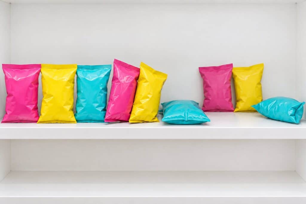 Snack bags progressively collapsing along a shelf, leaving gaps at the front edge.