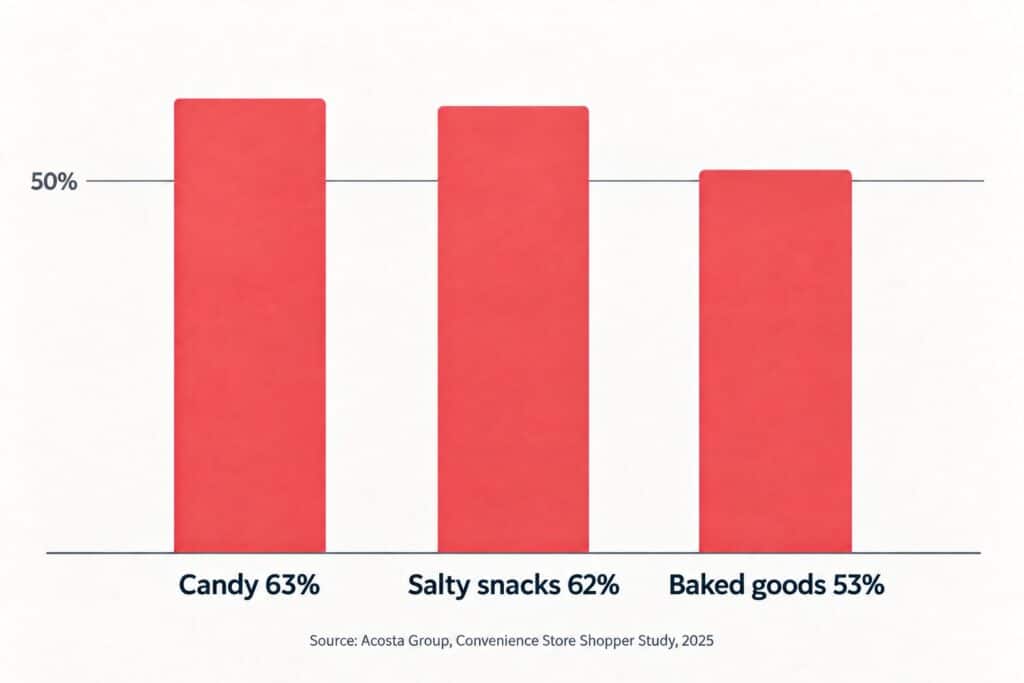 Column chart. Share of convenience store purchases made on impulse by category. Candy 63 percent, salty snacks 62 percent, baked goods 53 percent, with a guide line at 50 percent. Source NACS shopper research, 2025.