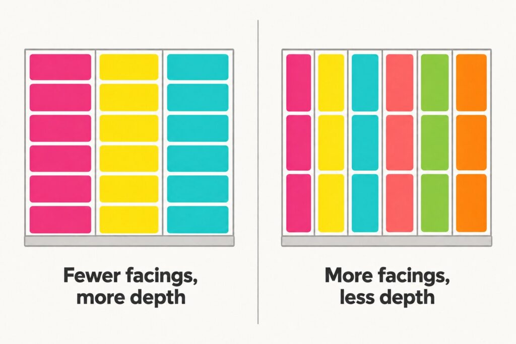 Diagram comparing fewer deep lanes against more shallow lanes with double the facings.