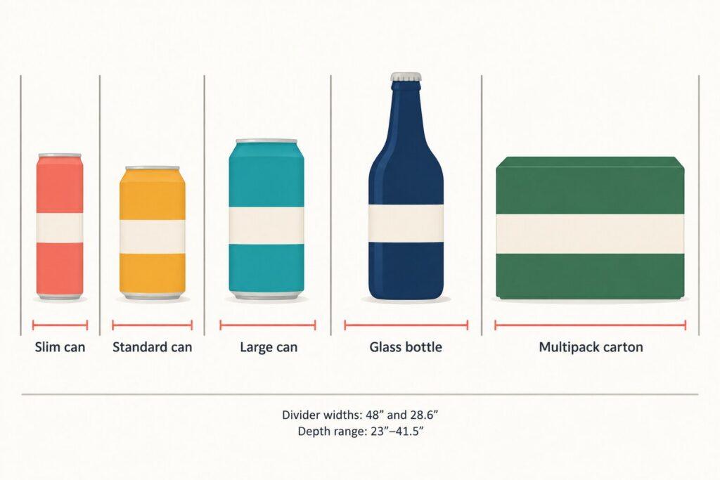 Diagram showing how beer package format determines shelf lane width.