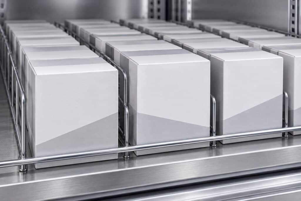 ozen food cartons lined up in neat lanes at the front edge of a clean freezer shelf.