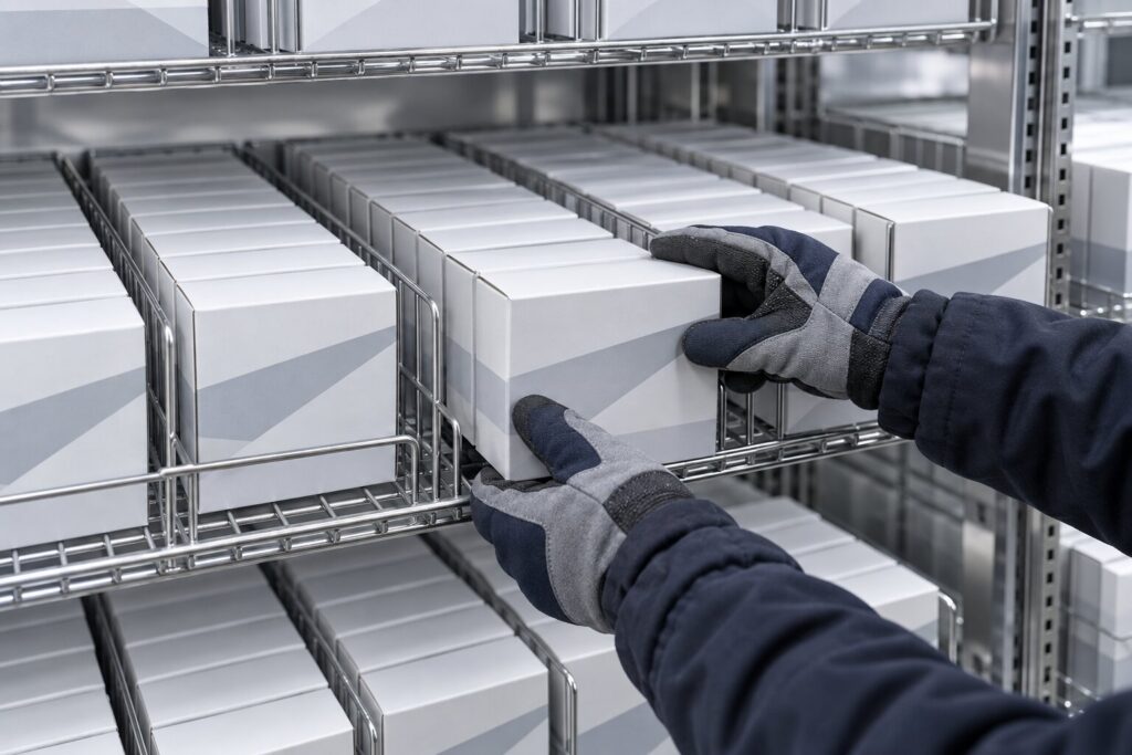 Worker in insulated gloves restocking frozen cartons into a neat lane on a freezer shelf