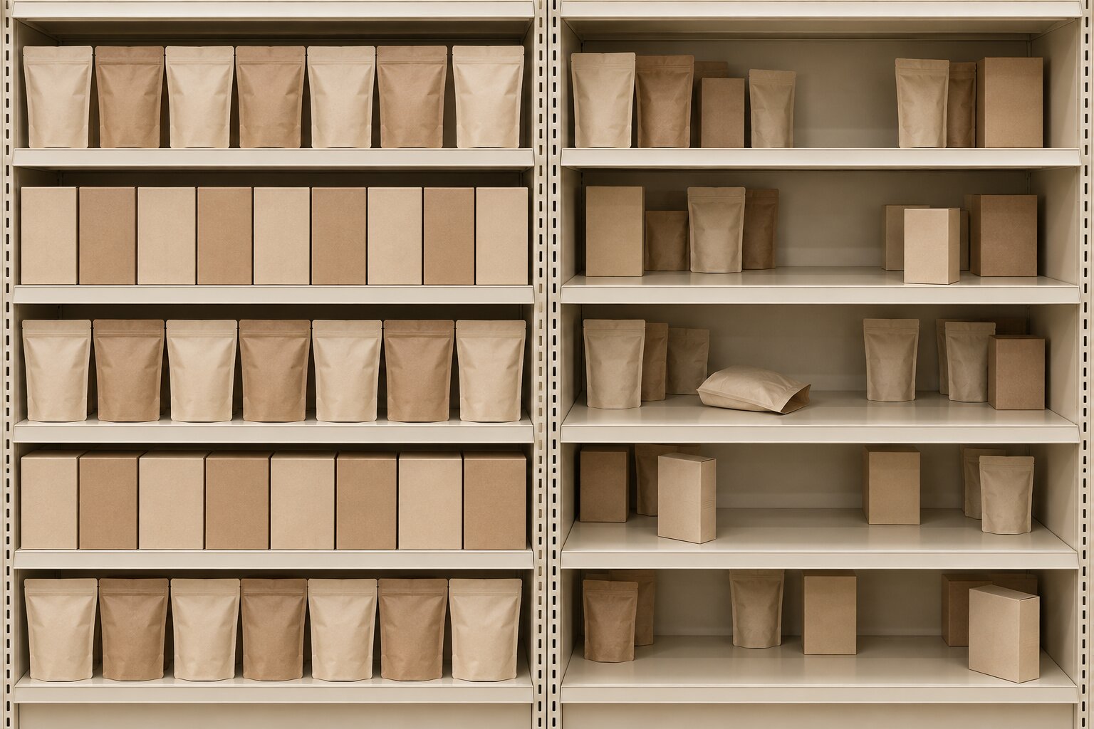 Retail gondola shelf with shelf pushers holding every lane fully faced