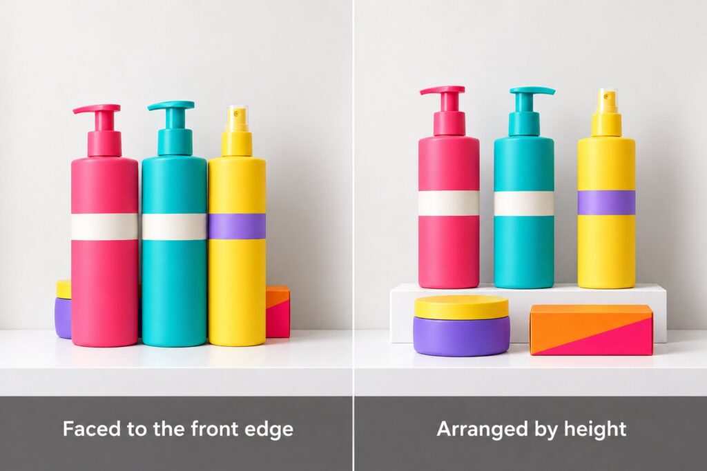 Comparison showing how arranging health and beauty products by height keeps every item visible