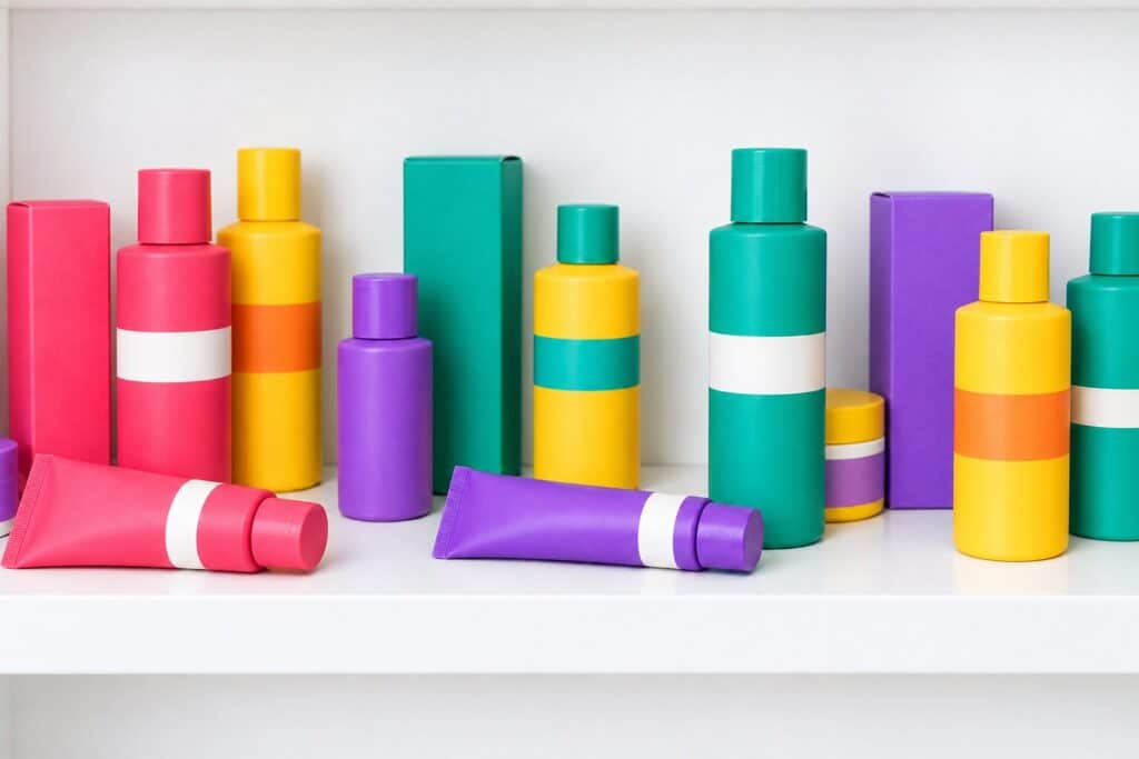 Health and beauty shelf with small items tipped over, hidden and drifted out of their lanes.
