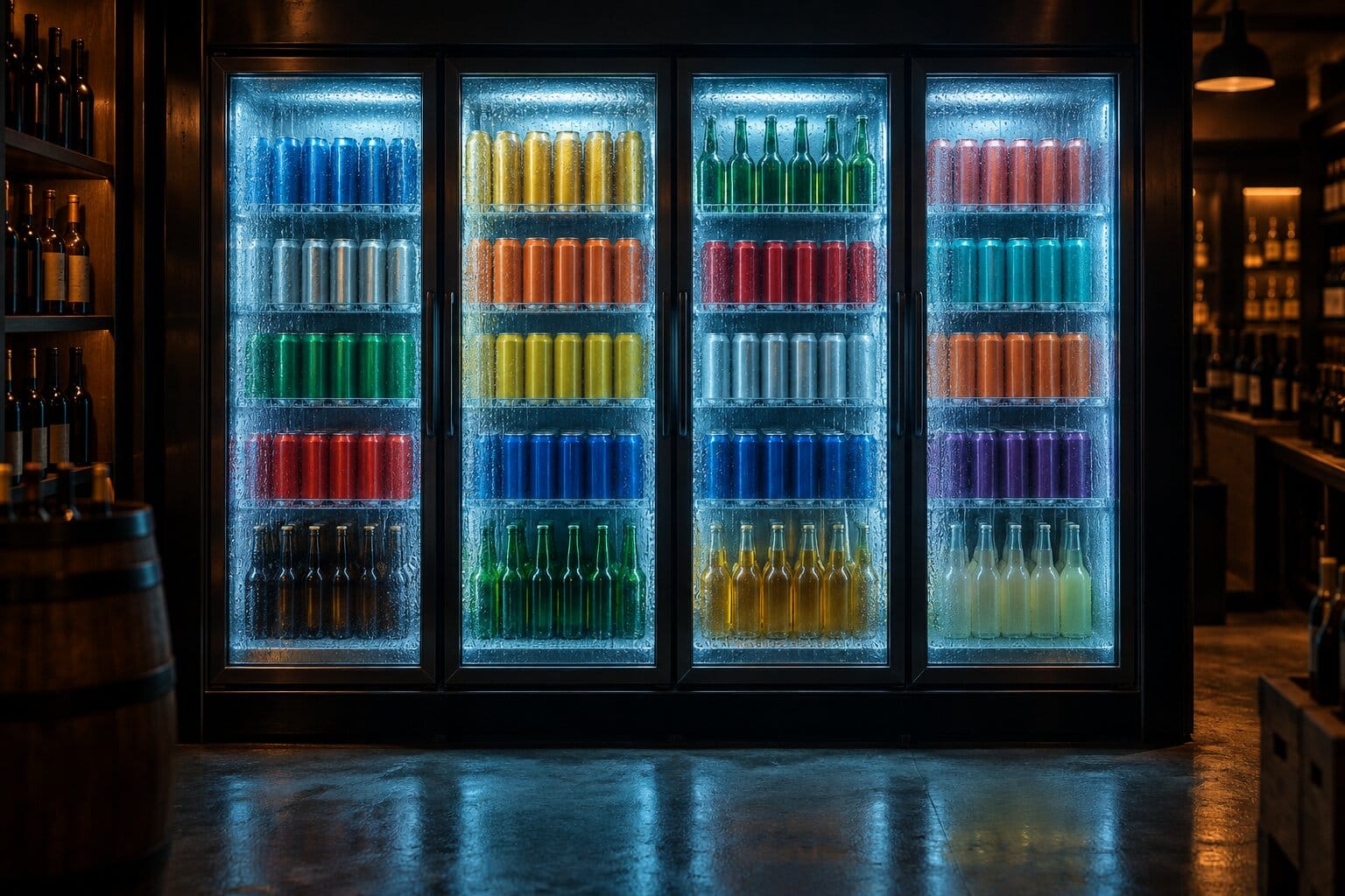 Liquor store aisle with fully fronted shelves of spirits under warm lighting.