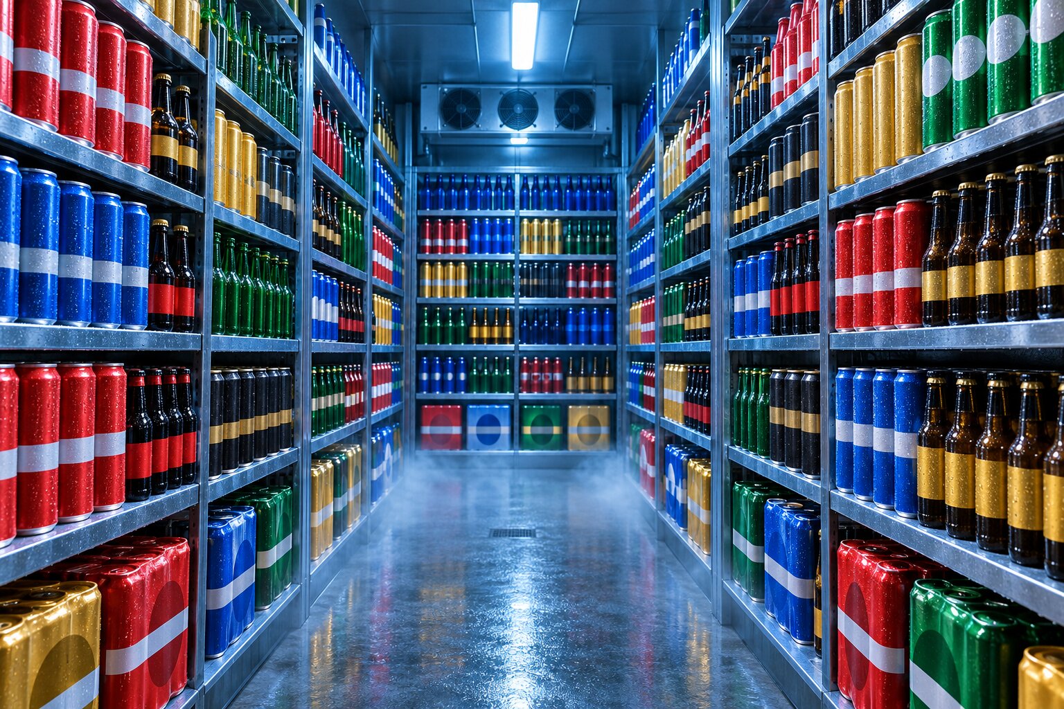 Interior of a convenience store beer cave with fully fronted shelves of chilled beverages.