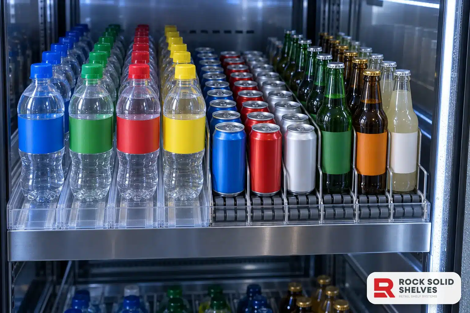 Cooler shelf showing plastic glide tracks on one side and a roller shelf on the other, both holding fronted beverages.