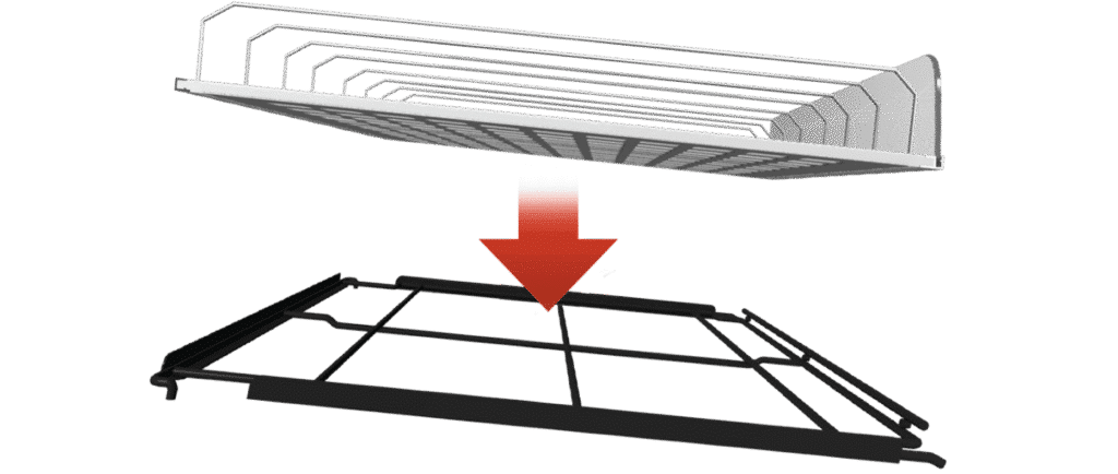 FlexRoller layover roller shelf positioned above an existing wire cooler rack